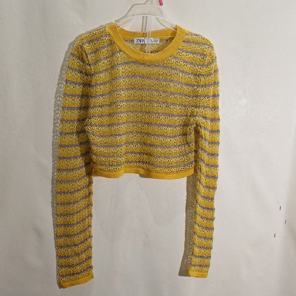 Zara Women's Yellow Purple And Gold Striped Pointelle Knit Crochet Crop TopSizeS